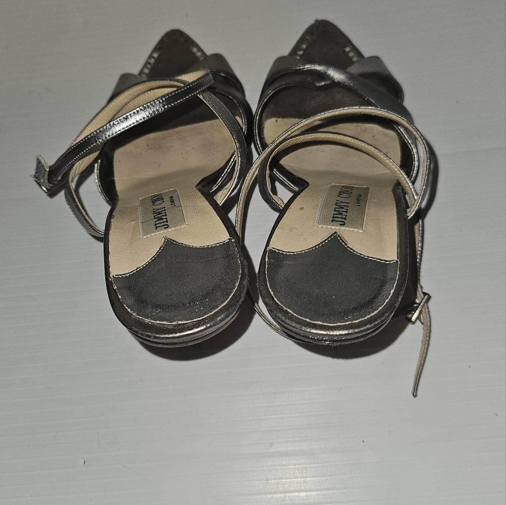 Jimmy Choo London Gray Silver Leather & Satin Crystal Evening Sandals Sz 37 - Picture 3 of 9
